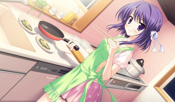 Anime picture 2048x1200 with princess evangile saeki nao highres short hair wide image purple eyes blue hair game cg cooking girl apron