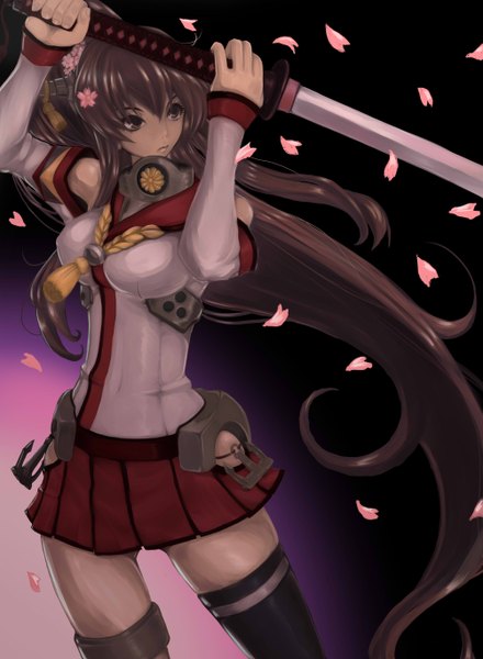 Anime picture 2002x2728 with kantai collection yamato super battleship ykakuno single tall image highres brown hair brown eyes ponytail very long hair hair flower zettai ryouiki fighting stance girl thighhighs skirt hair ornament flower (flowers) weapon black thighhighs