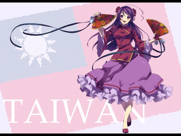 Anime picture 1024x768 with axis powers hetalia studio deen taiwan (hetalia) long hair blush smile purple hair chinese clothes fan chinese dress