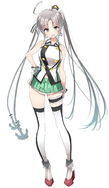 Anime picture 1440x2485 with kantai collection akitsushima seaplane tender ichi-jirushi single long hair tall image blush fringe open mouth simple background standing white background bare shoulders silver hair ahoge pleated skirt grey eyes hand on hip side ponytail girl