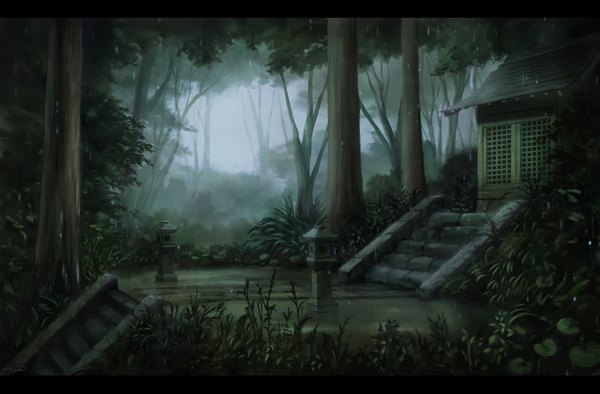 Anime picture 3334x2193 with original cirno sasaj highres signed absurdres outdoors rain no people nature fog plant (plants) tree (trees) grass water drop forest stairs shrine