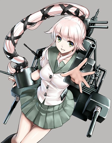 Anime picture 800x1016 with kantai collection yura light cruiser takemori shintarou single long hair tall image looking at viewer simple background green eyes pink hair ponytail pleated skirt grey background outstretched arm girl skirt weapon miniskirt gun sailor suit