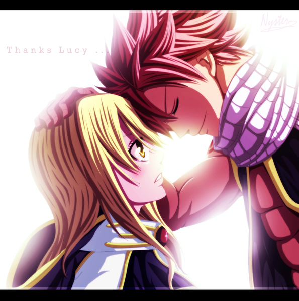 Anime picture 3000x3025 with fairy tail lucy heartfilia natsu dragneel nyster7 long hair tall image blush highres short hair blonde hair smile white background yellow eyes pink hair eyes closed profile inscription sleeveless tears coloring