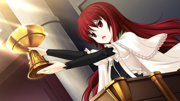Anime picture 1024x576 with jesus 13th long hair open mouth red eyes wide image game cg red hair girl uniform school uniform chalice