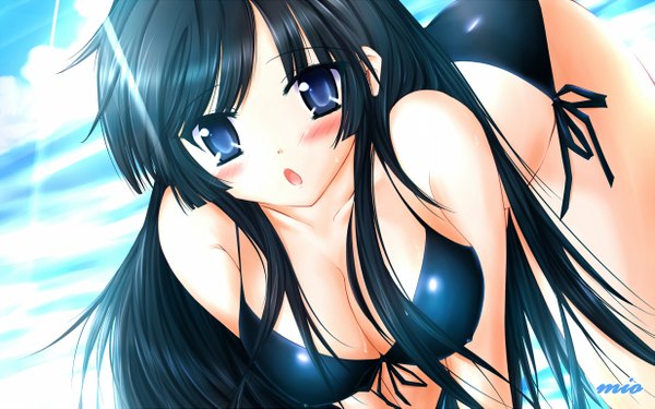 Anime picture 1233x771 with k-on! kyoto animation akiyama mio blue eyes light erotic black hair wide image swimsuit bikini black bikini