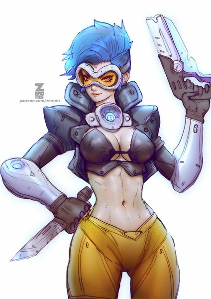 Anime picture 600x849 with overwatch blizzard entertainment tracer (overwatch) paul (shiramune) single tall image looking at viewer short hair breasts light erotic simple background red eyes white background blue hair light smile realistic girl navel weapon gun