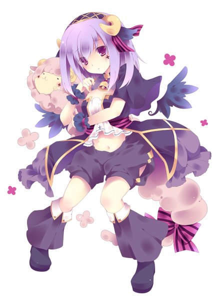 Anime picture 1040x1400 with original millcutto single tall image looking at viewer short hair white background purple eyes purple hair horn (horns) girl dress navel boots hairband bell knickers