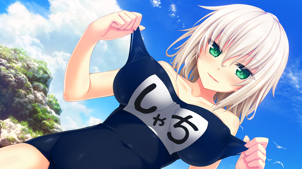 Anime picture 1920x1080 with nora to oujo to noraneko heart shachi yuri oozora itsuki single looking at viewer blush fringe highres short hair breasts light erotic smile hair between eyes wide image green eyes game cg sky cloud (clouds) white hair parted lips