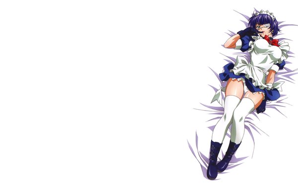 Anime picture 4000x2500 with ikkitousen ryomou shimei single highres short hair light erotic simple background wide image white background green eyes blue hair absurdres maid pantyshot finger to mouth girl thighhighs gloves bow white thighhighs