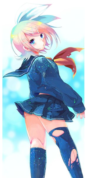 Anime picture 1151x2338 with vocaloid kagamine rin mikan tabetai single tall image looking at viewer blush short hair blue eyes light erotic blonde hair standing pink hair pleated skirt looking back multicolored hair turning head gradient hair girl thighhighs