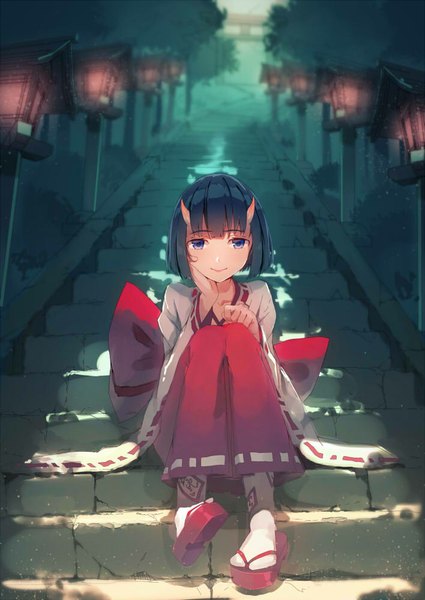 Anime picture 708x1000 with original yasumo (kuusouorbital) single tall image looking at viewer fringe short hair black hair smile sitting purple eyes bent knee (knees) long sleeves traditional clothes horn (horns) sunlight wide sleeves miko sunbeam oni horns