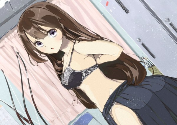 Anime picture 1228x868 with original furukawa itsuse single long hair blush fringe open mouth light erotic brown hair standing purple eyes bare shoulders dutch angle girl skirt underwear