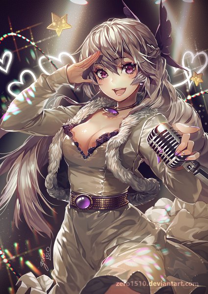 Anime picture 848x1200 with original akizero1510 single long hair tall image looking at viewer breasts open mouth smile large breasts standing purple eyes holding signed cleavage silver hair braid (braids) long sleeves nail polish :d