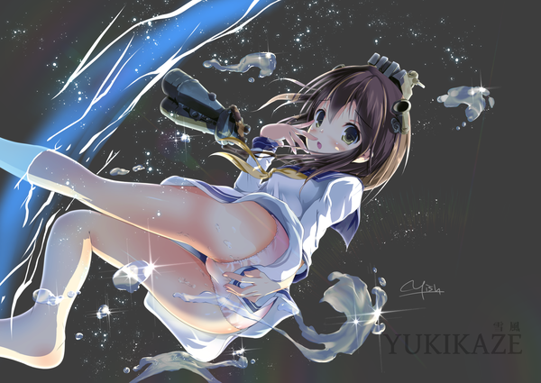 Anime picture 1920x1360 with kantai collection yukikaze destroyer waisshu (sougyokyuu) single long hair blush highres light erotic brown hair yellow eyes parted lips looking back inscription grey background legs character names finger to mouth girl hair ornament underwear
