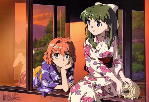 Anime picture 1747x1200 with onegai twins onodera karen miyafuji miina long hair highres sitting purple eyes multiple girls red hair lying traditional clothes japanese clothes barefoot green hair wallpaper floral print evening sunset chin rest girl