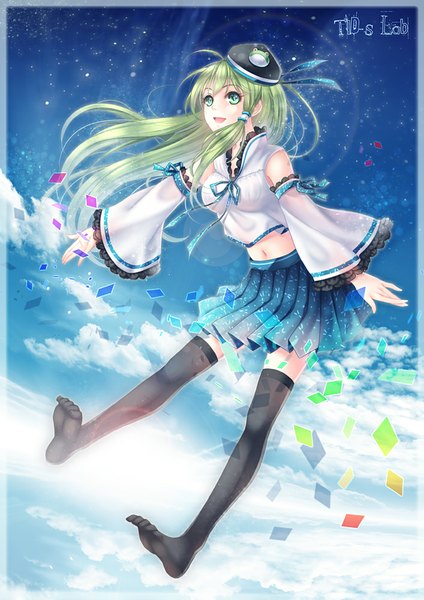 Anime picture 707x1000 with touhou kochiya sanae tidsean single long hair tall image open mouth looking away sky cloud (clouds) green hair legs girl thighhighs skirt navel black thighhighs hat detached sleeves hair tubes