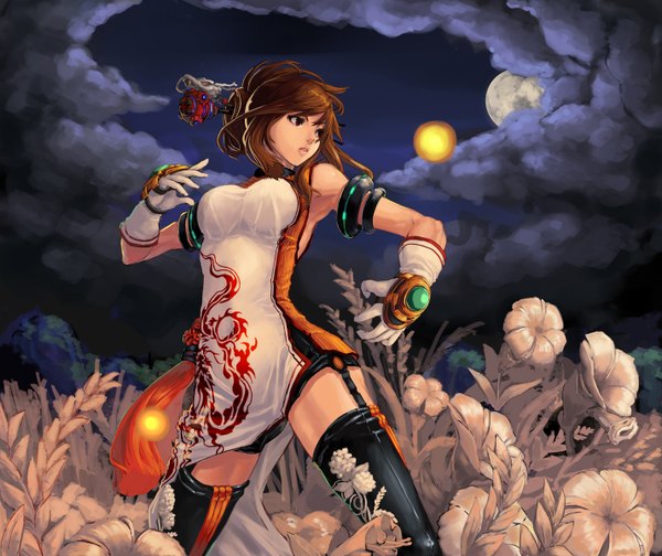 Anime picture 1428x1200 with dungeon and fighter nen master qbspdl single long hair breasts open mouth brown hair large breasts bare shoulders brown eyes looking away sky cloud (clouds) night night sky alternate hairstyle girl thighhighs dress