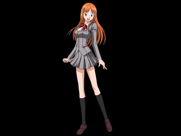 Anime picture 2048x1536 with bleach studio pierrot inoue orihime single long hair looking at viewer fringe highres open mouth blue eyes simple background orange hair black background girl uniform hair ornament school uniform socks hairclip bowtie