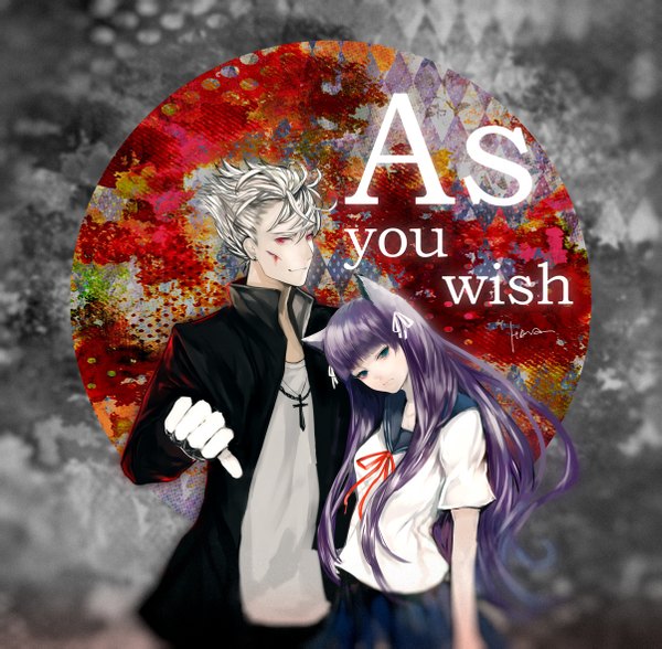 Anime picture 1203x1179 with unlight (game) ayn (unlight) grunwald (unlight) say hana long hair looking at viewer short hair blue eyes red eyes animal ears silver hair purple hair pink eyes aqua eyes light smile inscription open clothes open jacket couple girl