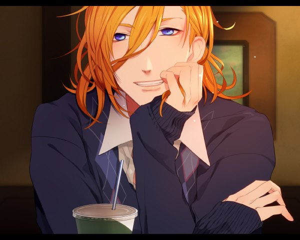 Anime picture 1200x960 with uta no prince-sama a-1 pictures jinguji ren rowya single fringe short hair blue eyes smile hair between eyes orange hair chin rest boy sweater drink