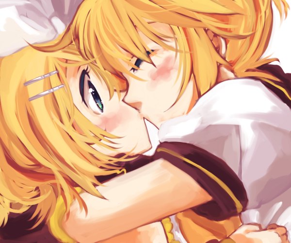 Anime picture 1200x1000 with vocaloid kagamine rin kagamine len mukkun blush short hair blonde hair green eyes eyes closed couple hug kiss incest twincest girl boy hair ornament bobby pin