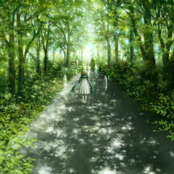 Anime picture 818x818 with original fuumi (kazami) single short hair brown hair standing full body from behind shadow fantasy nature girl dress plant (plants) tree (trees) white dress scarf crystal road