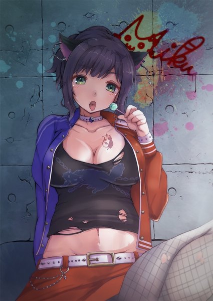 Anime picture 708x1000 with idolmaster idolmaster cinderella girls maekawa miku ryuu. single tall image looking at viewer fringe short hair breasts open mouth light erotic black hair large breasts sitting green eyes payot ponytail open clothes open jacket