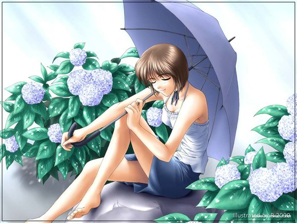 Anime picture 1024x768 with original r (artist) single short hair smile brown hair sitting bare shoulders signed eyes closed barefoot wallpaper framed soft beauty girl flower (flowers) umbrella hydrangea