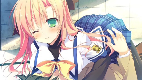 Anime picture 1280x720 with clover day's rindo tsubame long hair looking at viewer blush light erotic blonde hair wide image green eyes game cg one eye closed wink girl uniform school uniform