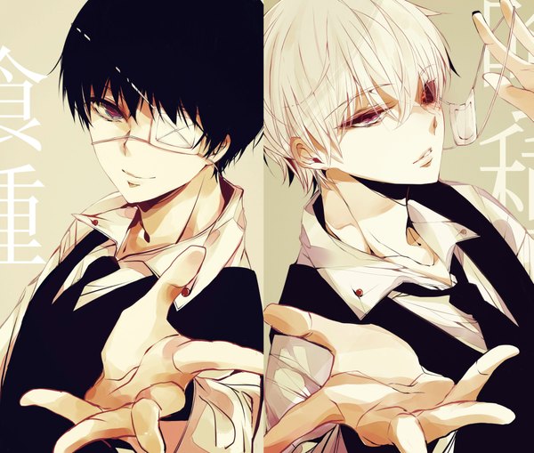 Anime picture 4133x3507 with tokyo ghoul studio pierrot kaneki ken tagme (artist) looking at viewer highres short hair black hair smile red eyes absurdres white hair outstretched arm multiview dual persona black sclera boy shirt eyepatch vest
