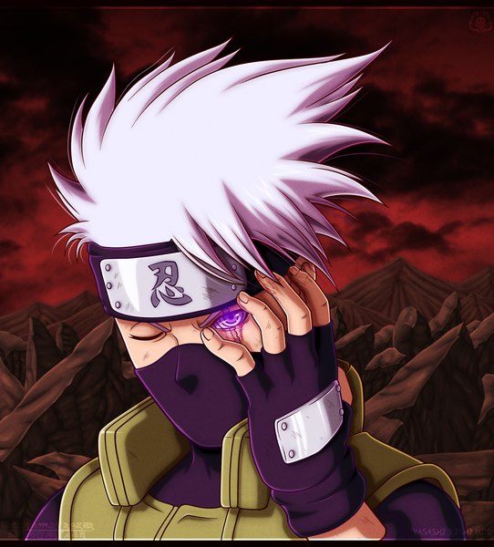 Anime picture 1341x1484 with naruto studio pierrot naruto (series) hatake kakashi naruto999-by-roker single tall image short hair purple eyes sky cloud (clouds) white hair one eye closed wink coloring scar mountain rinnegan red sky boy