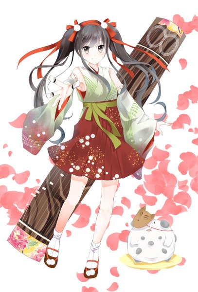 Anime picture 939x1385 with original izumil single long hair tall image looking at viewer black hair smile white background twintails brown eyes traditional clothes girl bow ribbon (ribbons) hair bow hair ribbon detached sleeves petals