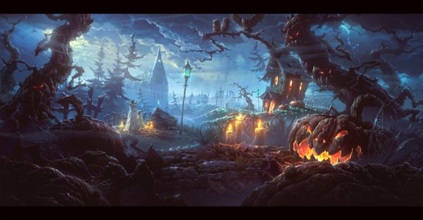 Anime picture 5000x2612 with original unidcolor highres wide image absurdres cloud (clouds) night glowing letterboxed halloween no people bare tree fog ambiguous gender creepy plant (plants) animal tree (trees) bird (birds) building (buildings)