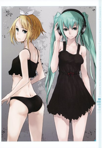 Anime picture 2084x3014 with vocaloid hatsune miku kagamine rin mille (dieci) long hair tall image blush highres short hair light erotic blonde hair bare shoulders multiple girls ass aqua eyes aqua hair underwear only girl dress underwear