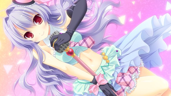 Anime picture 1280x720 with magical dears diana lanford single long hair looking at viewer blush smile red eyes wide image blue hair game cg girl dress gloves navel bow black gloves elbow gloves microphone stand