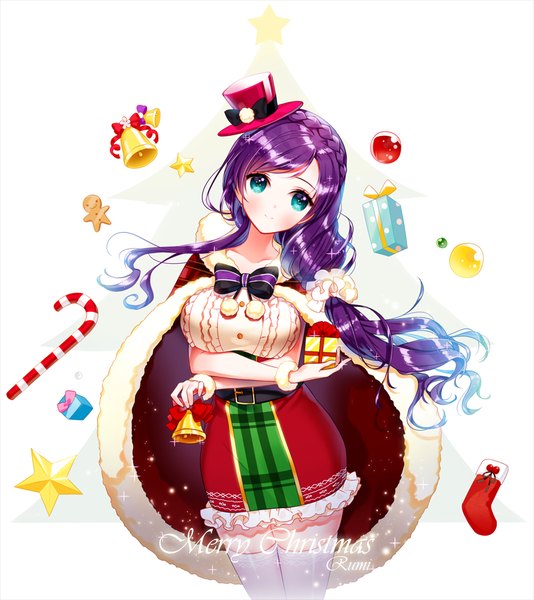 Anime picture 1000x1123 with love live! school idol project sunrise (studio) love live! toujou nozomi rarumi single long hair tall image looking at viewer blush breasts large breasts white background signed purple hair aqua eyes light smile side ponytail christmas merry christmas