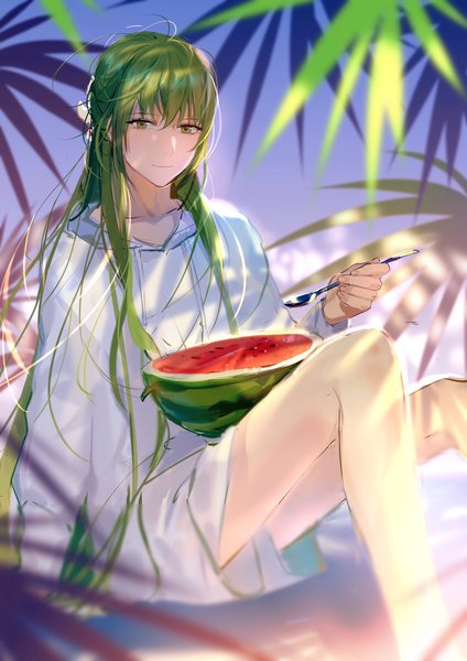 Anime picture 1448x2048 with fate (series) fate/strange fake enkidu (fate) rrr (reason) single long hair tall image looking at viewer fringe hair between eyes sitting green eyes green hair androgynous boy food berry (berries) spoon watermelon