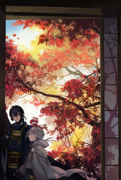 Anime picture 1181x1748 with touken ranbu nitroplus tsurumaru kuninaga mikazuki munechika chchick tall image looking at viewer fringe short hair black hair smile holding yellow eyes looking away sky ahoge white hair long sleeves traditional clothes japanese clothes