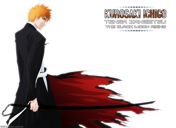 Anime picture 1640x1200 with bleach studio pierrot kurosaki ichigo stfun single looking at viewer short hair simple background white background japanese clothes profile looking back orange hair inscription orange eyes coloring torn clothes boy weapon sword
