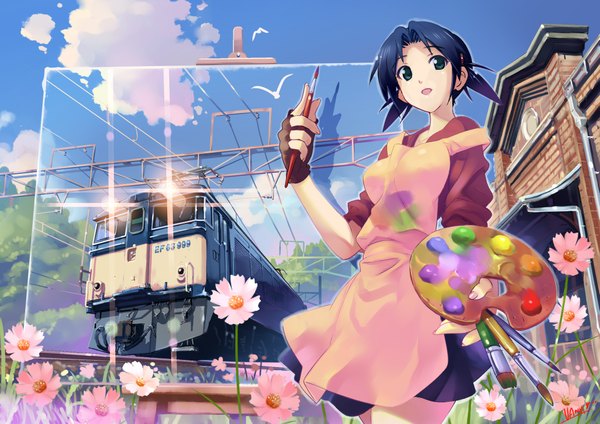 Anime picture 2339x1654 with original vania600 single highres short hair twintails signed blue hair looking away sky cloud (clouds) short twintails painting girl flower (flowers) animal fingerless gloves bird (birds) apron picture