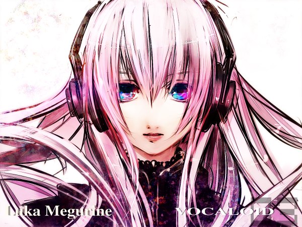 Anime picture 1200x900 with vocaloid megurine luka yuuki kira single long hair looking at viewer fringe blue eyes simple background white background pink hair inscription face girl headphones
