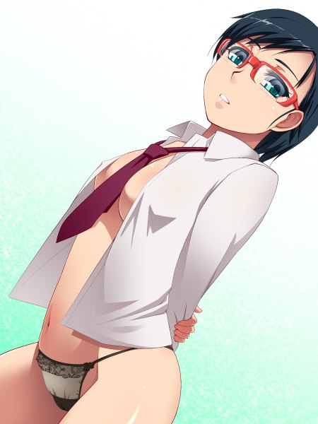 Anime picture 900x1200 with ano hi mita hana no namae wo bokutachi wa mada shiranai a-1 pictures tsurumi chiriko hayashi custom single tall image looking at viewer short hair breasts blue eyes light erotic black hair open clothes open shirt girl navel underwear panties shirt glasses