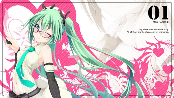 Anime picture 1920x1080 with vocaloid hatsune miku ogami kazuki blush highres blue eyes wide image twintails very long hair one eye closed wink aqua hair bespectacled girl detached sleeves glasses necktie