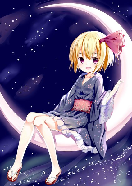 Anime picture 2507x3541 with touhou rumia choko (mixberry parfait) single tall image highres short hair open mouth blonde hair sitting purple eyes full body traditional clothes :d japanese clothes alternate costume crescent girl moon yukata