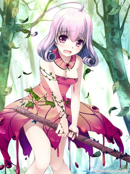 Anime picture 960x1280 with original miyase mahiro single tall image looking at viewer blush short hair open mouth purple eyes purple hair ahoge girl dress plant (plants) tree (trees) leaf (leaves)