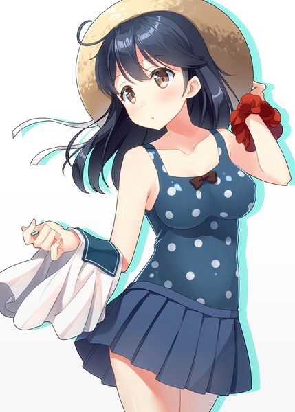 Anime picture 800x1119 with kantai collection ushio destroyer hyuuga azuri single long hair tall image blush breasts black hair simple background white background brown eyes looking away alternate costume polka dot girl skirt hat miniskirt straw hat