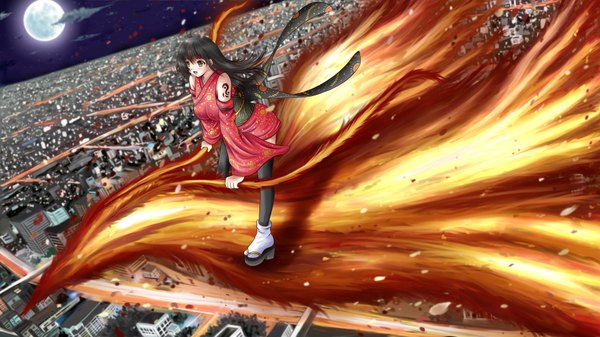 Anime picture 1920x1080 with ilolamai long hair highres open mouth black hair wide image brown eyes traditional clothes night tattoo city girl detached sleeves moon obi phoenix
