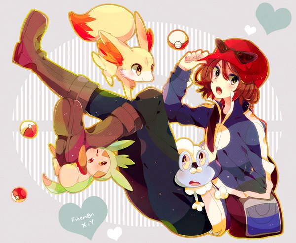 Anime picture 1875x1538 with pokemon pokemon xy nintendo fennekin chespin froakie calme (pokemon) nicole (usako) looking at viewer blush highres short hair open mouth blue eyes brown hair grey background gen 6 pokemon boy animal bag