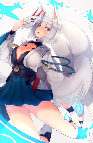 Anime picture 782x1200 with azur lane kaga (azur lane) opanchu (hakusen) single tall image fringe short hair breasts open mouth blue eyes light erotic large breasts holding animal ears silver hair bent knee (knees) tail blunt bangs traditional clothes japanese clothes