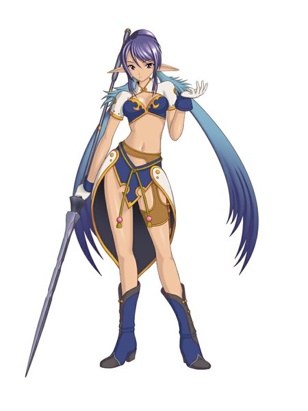 Anime picture 750x1000 with tales of (series) tales of vesperia judith evilflesh (artist) single long hair tall image looking at viewer simple background white background purple eyes purple hair pointy ears girl gloves navel weapon shoes spear